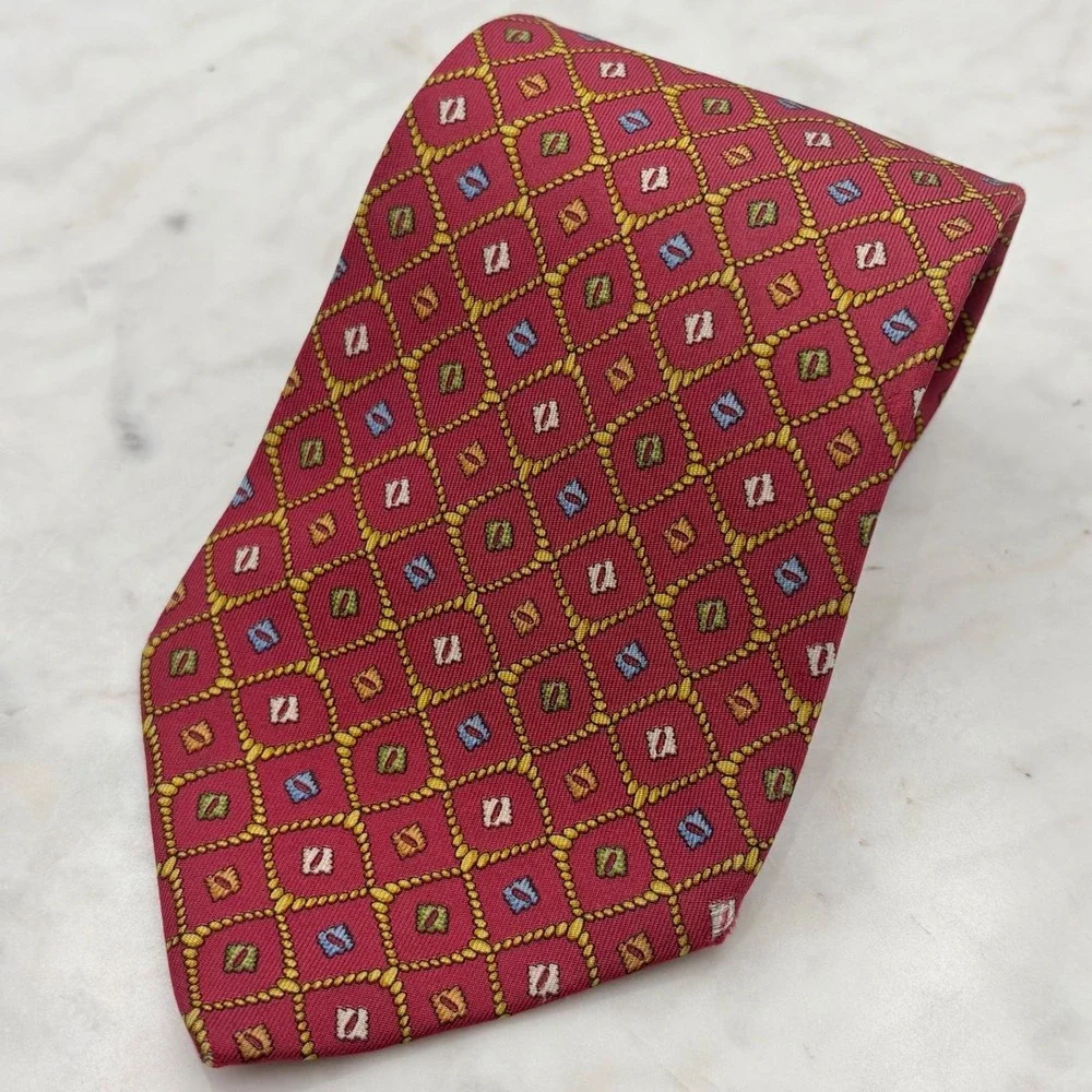 Salvatore Ferragamo Silk Tie Geometric Necktie Red Gold Blue 3.65